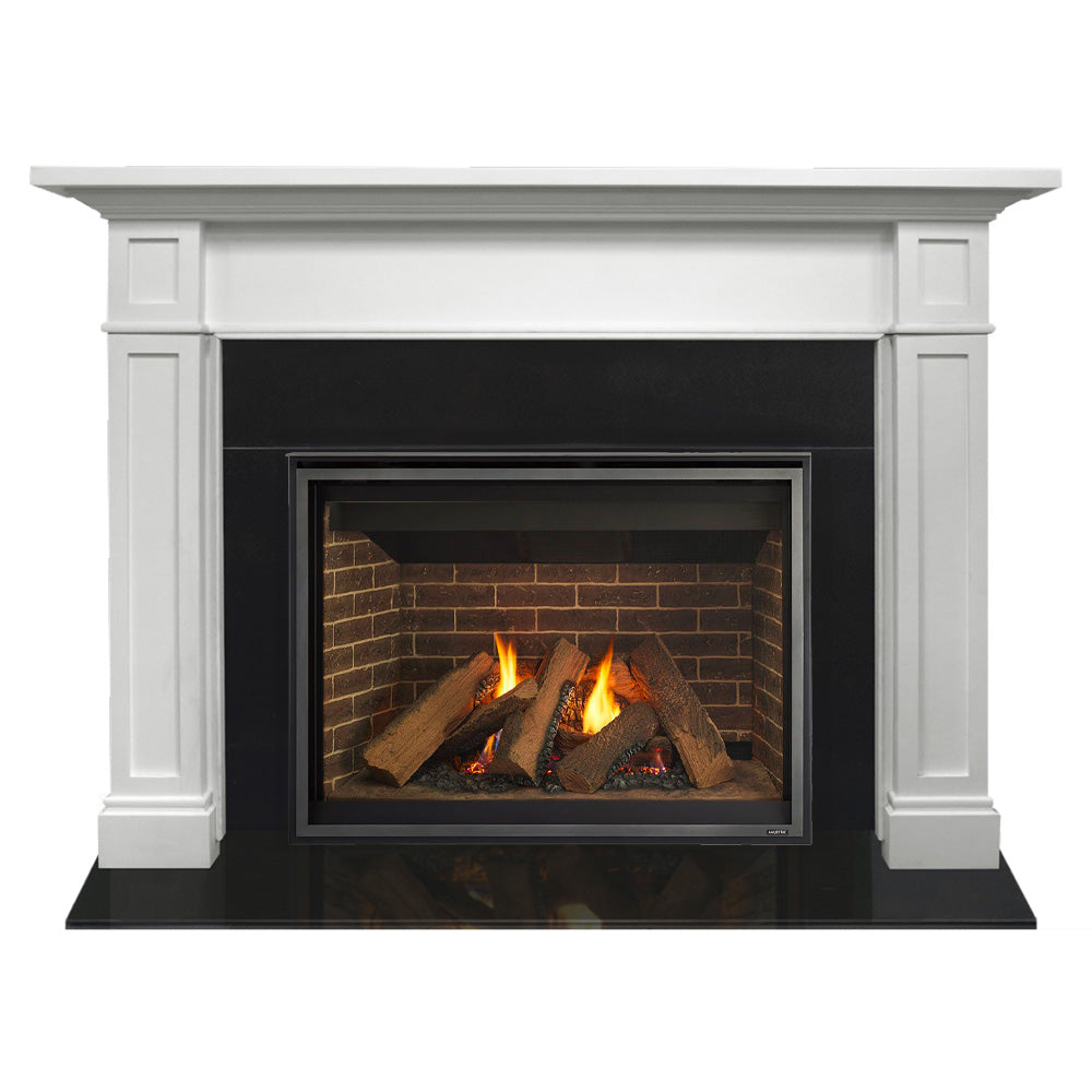 Acadia flush mantel gas fireplace with black firebox and burning logs