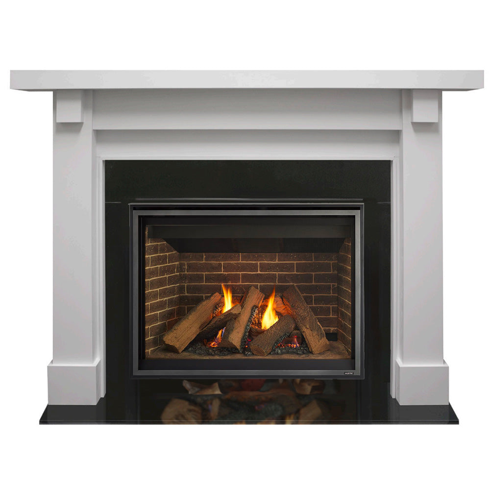 White fireplace mantel with black glass gas firebox and burning logs