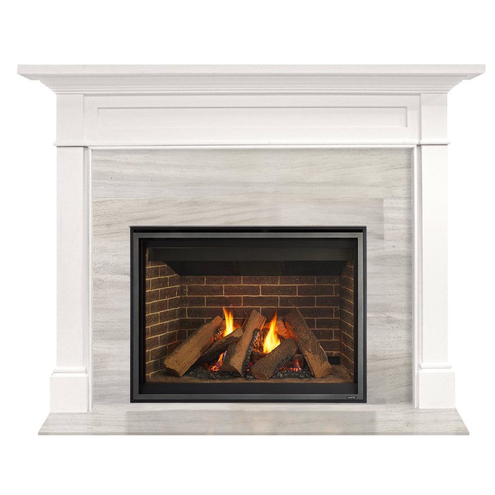 White flush-mount gas fireplace with black glass firebox and burning logs