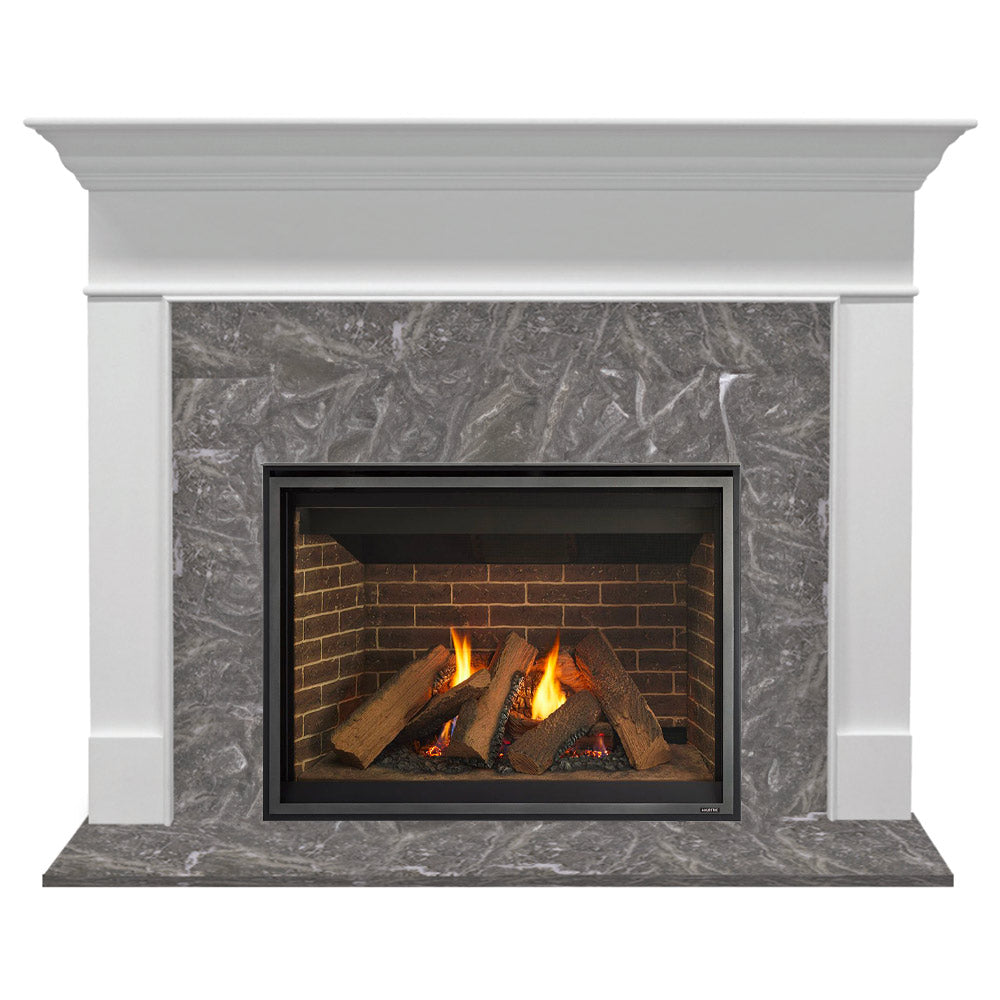 White flush mantel gas fireplace with black framed firebox and burning logs