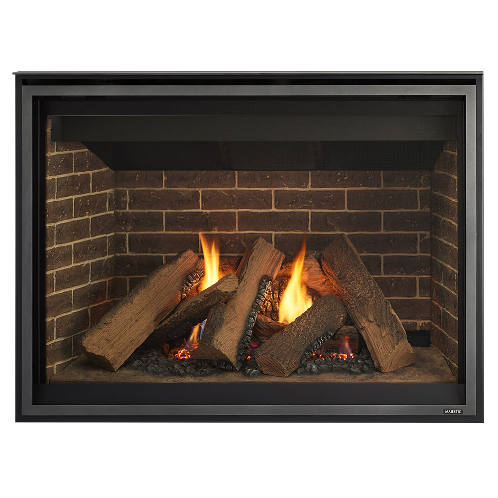 Black-framed direct vent gas fireplace with glowing logs and visible flames inside