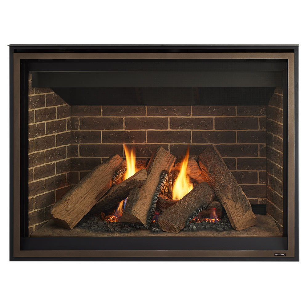 Direct vent gas fireplace with brick interior surround and burning log set