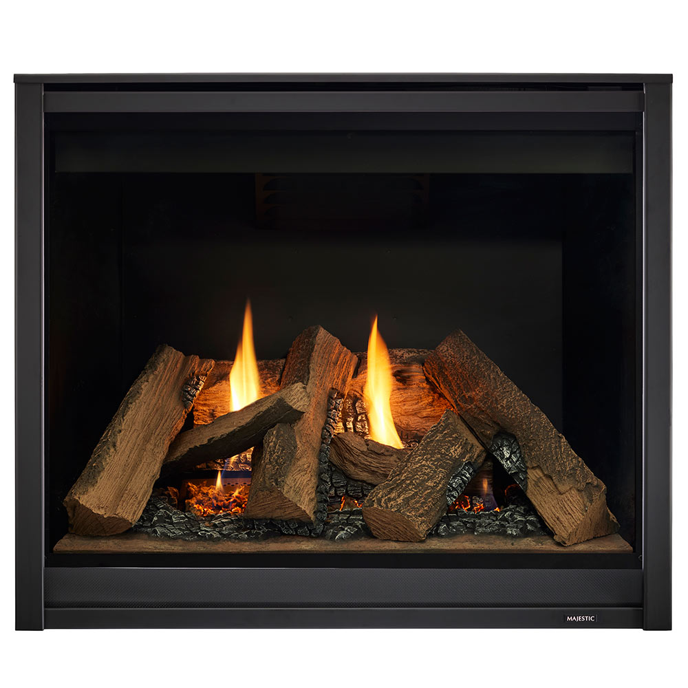 Direct vent gas fireplace with black surround and burning log set, 36-inch view