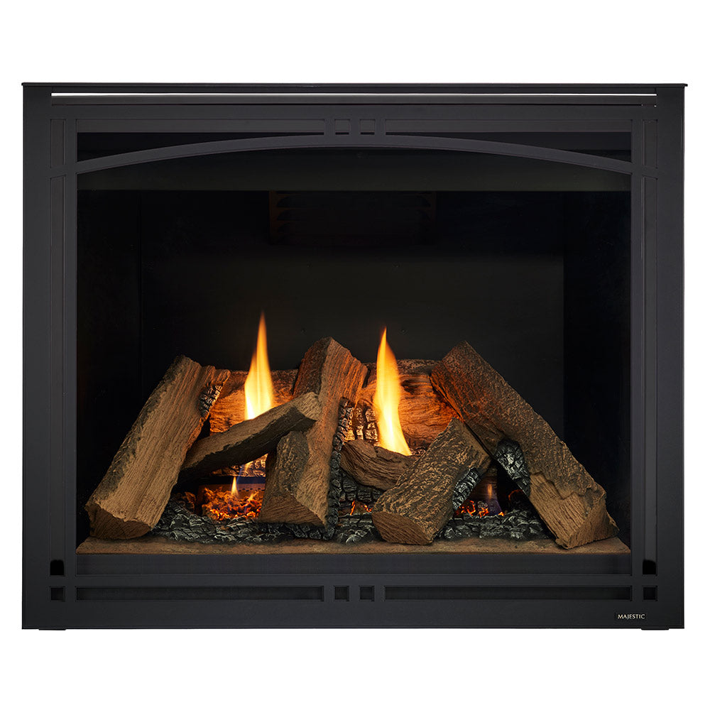 Direct vent gas fireplace with dark frame and burning logs, glass front