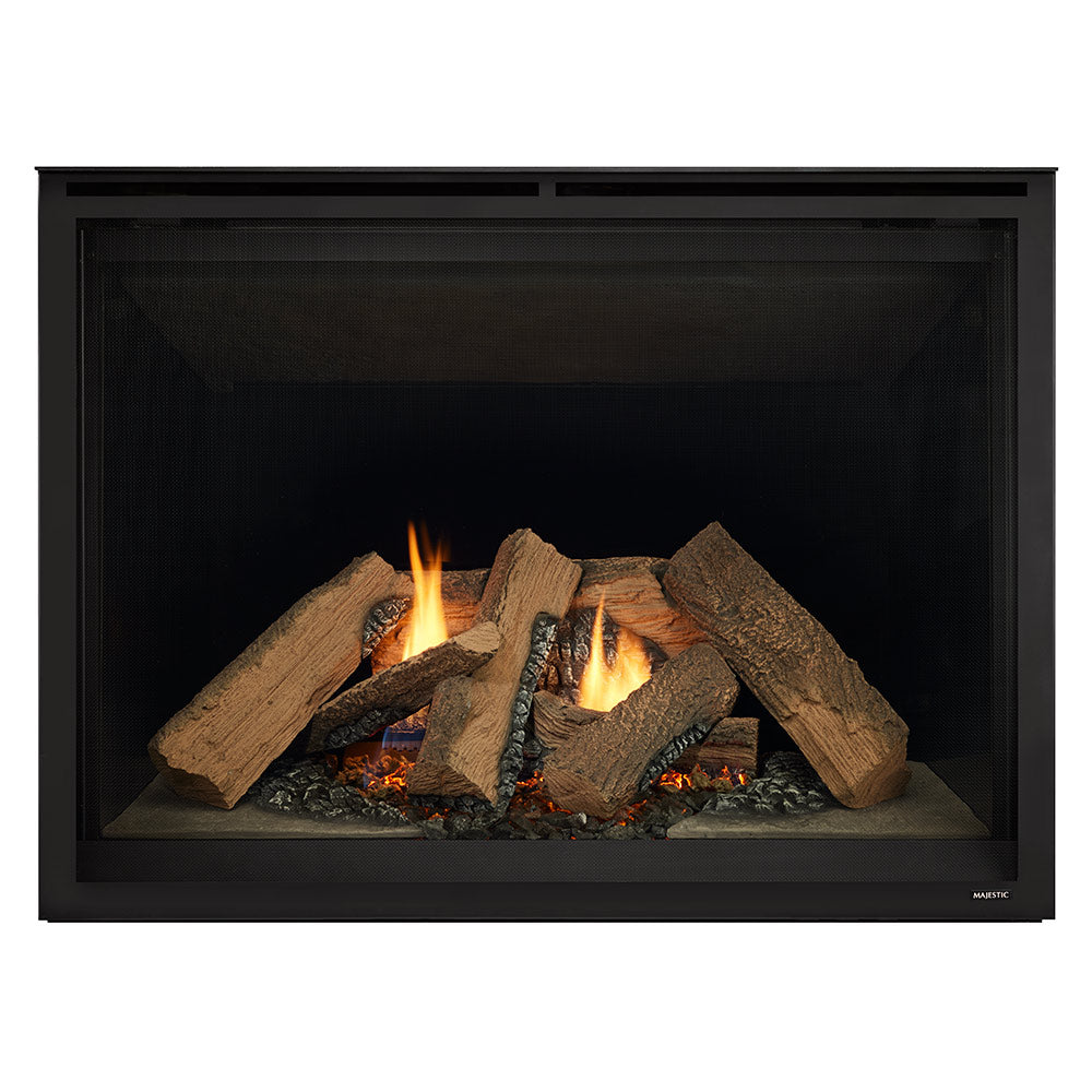 Direct vent gas fireplace with black surround and glowing logs with flames