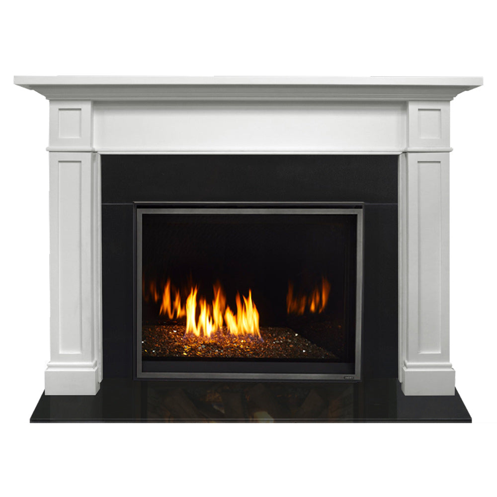 White mantel fireplace with black firebox and visible gas flames