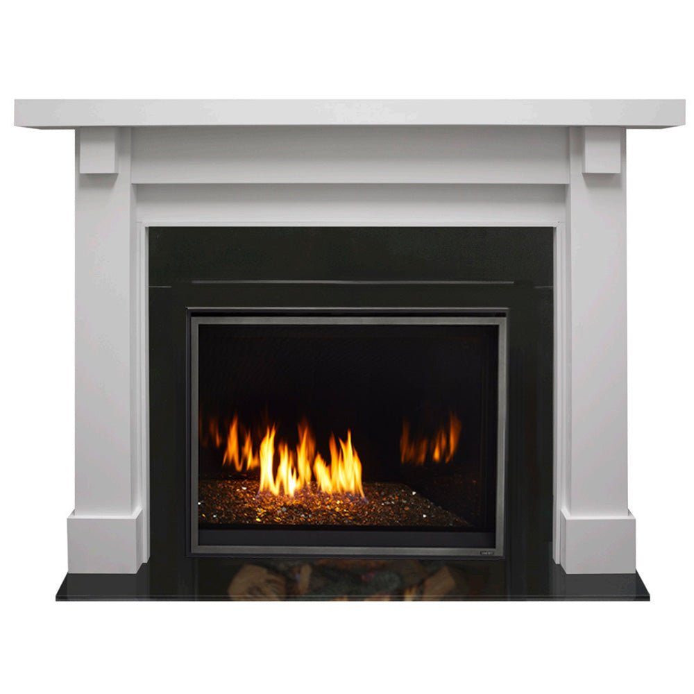 White mantel with black firebox and burning logs