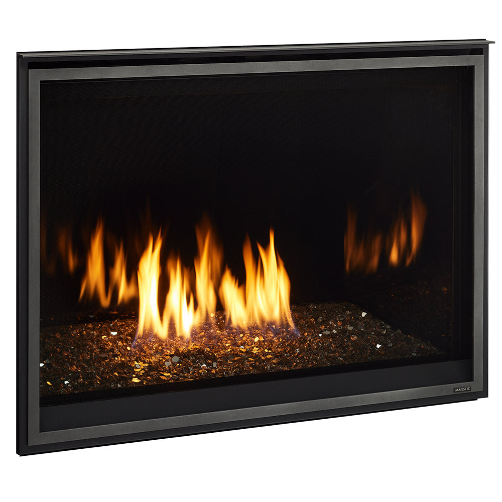 Black-framed direct-vent gas fireplace with open flames and dark log-and-rock bed