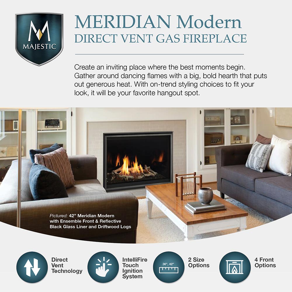 Black-framed direct-vent gas fireplace showing flames behind reflective black glass interior