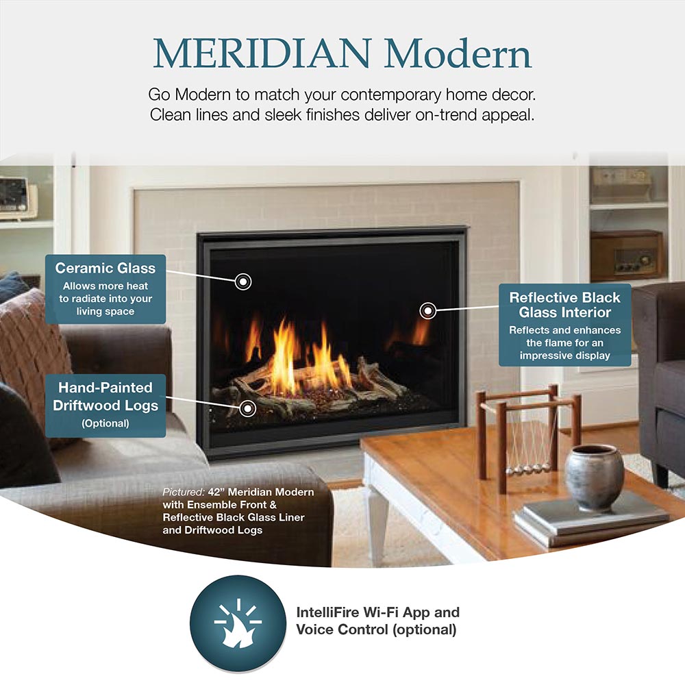Black-framed gas fireplace with flames in reflective black glass and driftwood logs