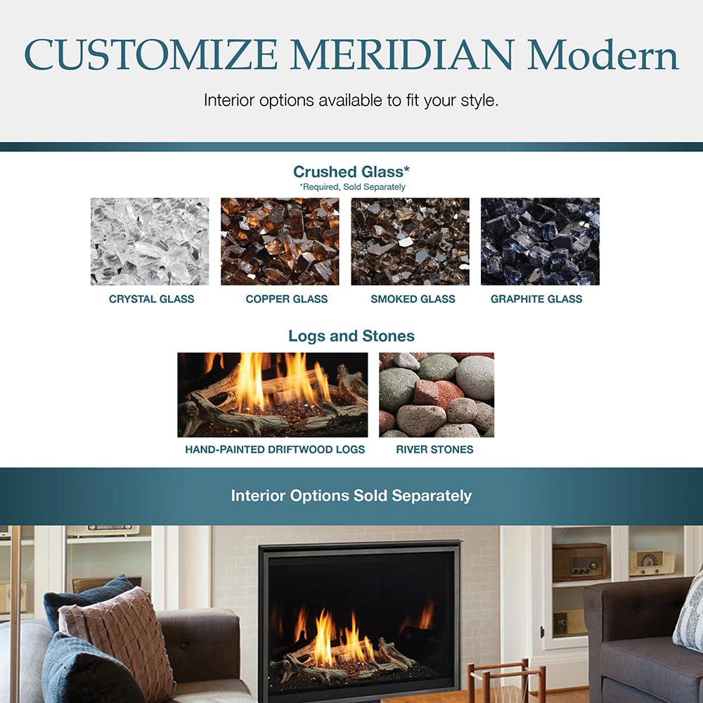 Fireplace interior options graphic showing crushed glass and logs-and-stones choices