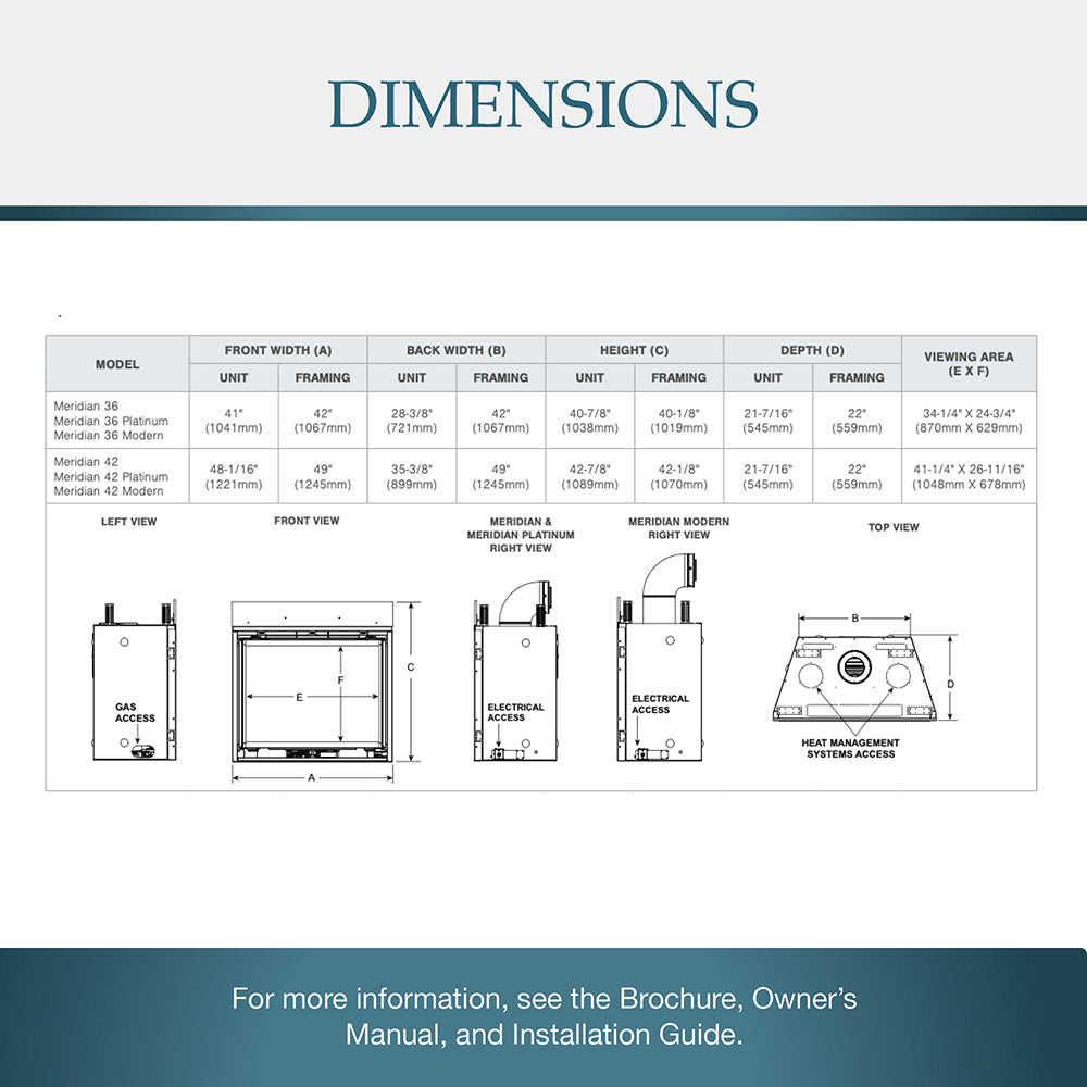 Fireplace dimensions diagram showing front, back, depth, and viewing area measurements