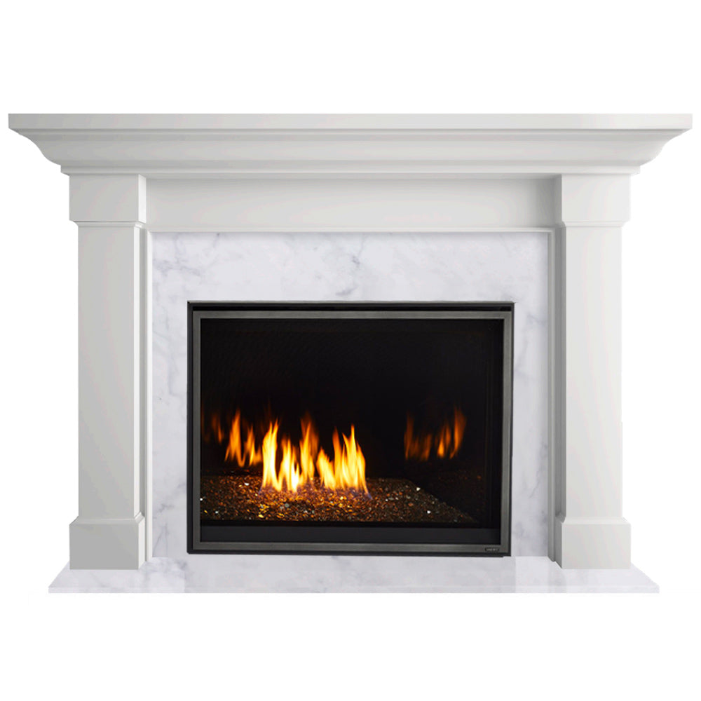 White flush mantel direct vent gas fireplace with black firebox and burning flames
