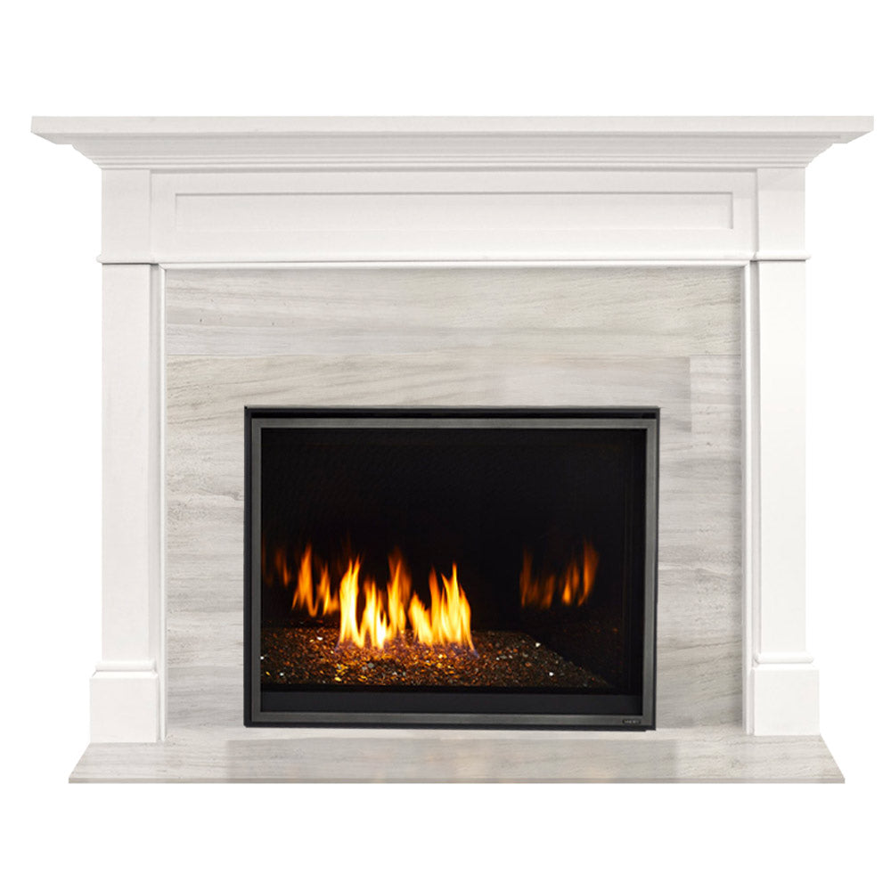 White flush mantel gas fireplace with black firebox and burning flames