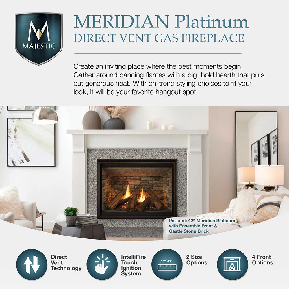 Direct vent gas fireplace in a white mantel with burning logs behind a black door