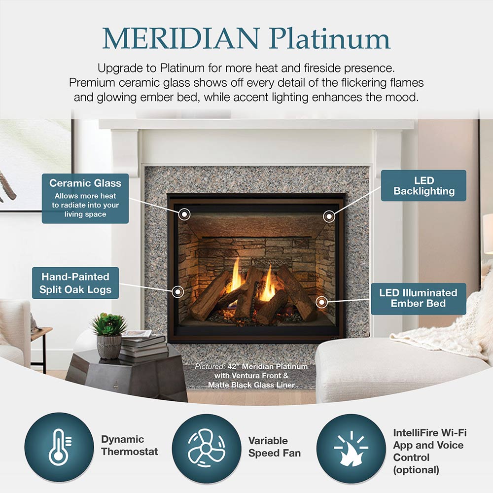 Gas fireplace cross-section showing ceramic glass and illuminated ember bed with flames