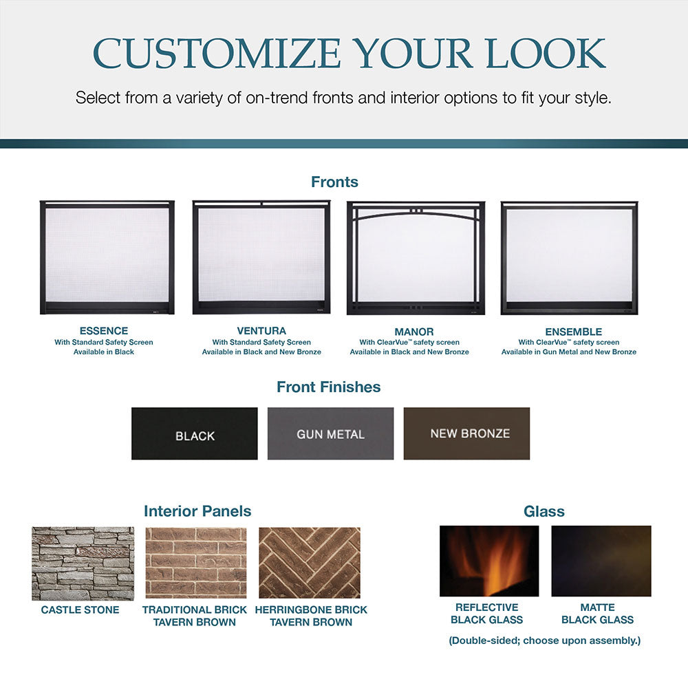 Gas fireplace customization chart with front finish options and interior panel styles