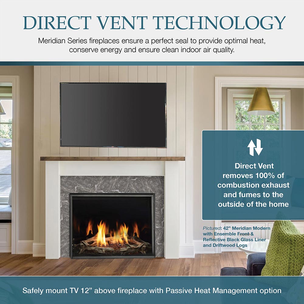 Direct vent gas fireplace installed in a living room with a firebox showing flames