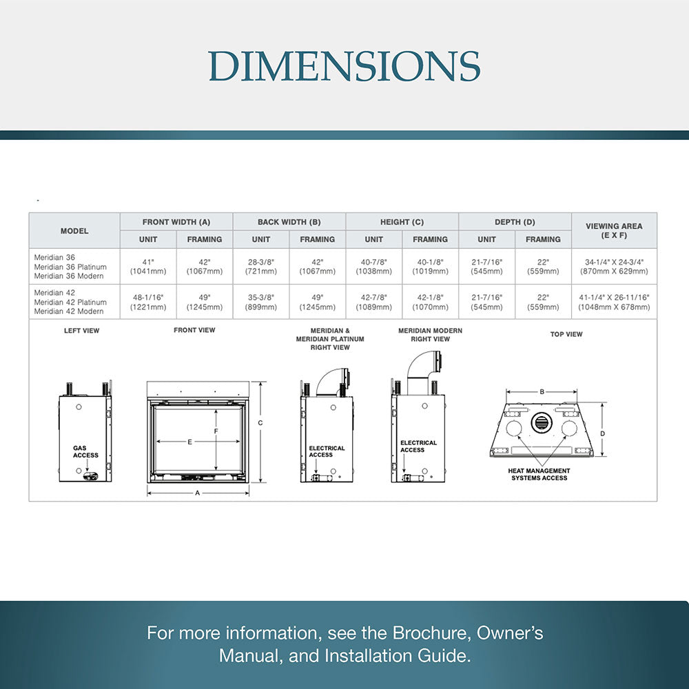 Fireplace dimensions chart with front, back, and viewing area measurements
