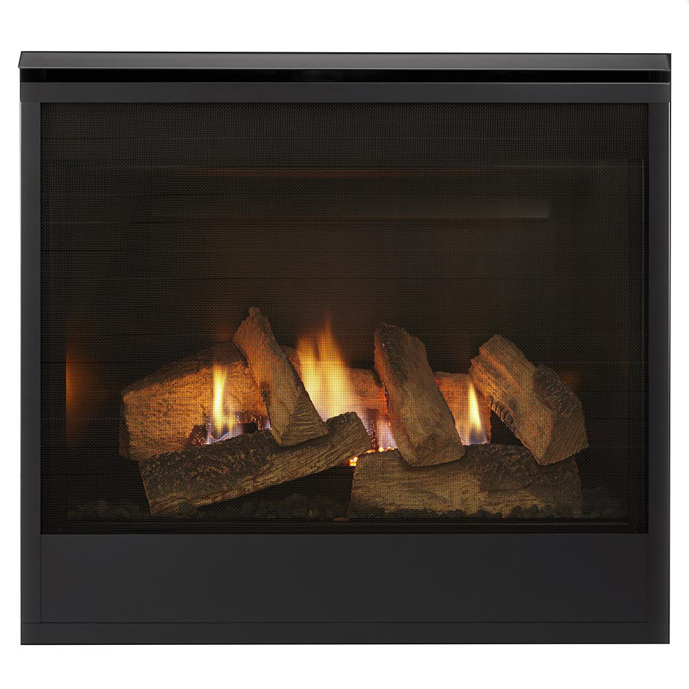 Black direct-vent gas fireplace with burning logs behind glass door