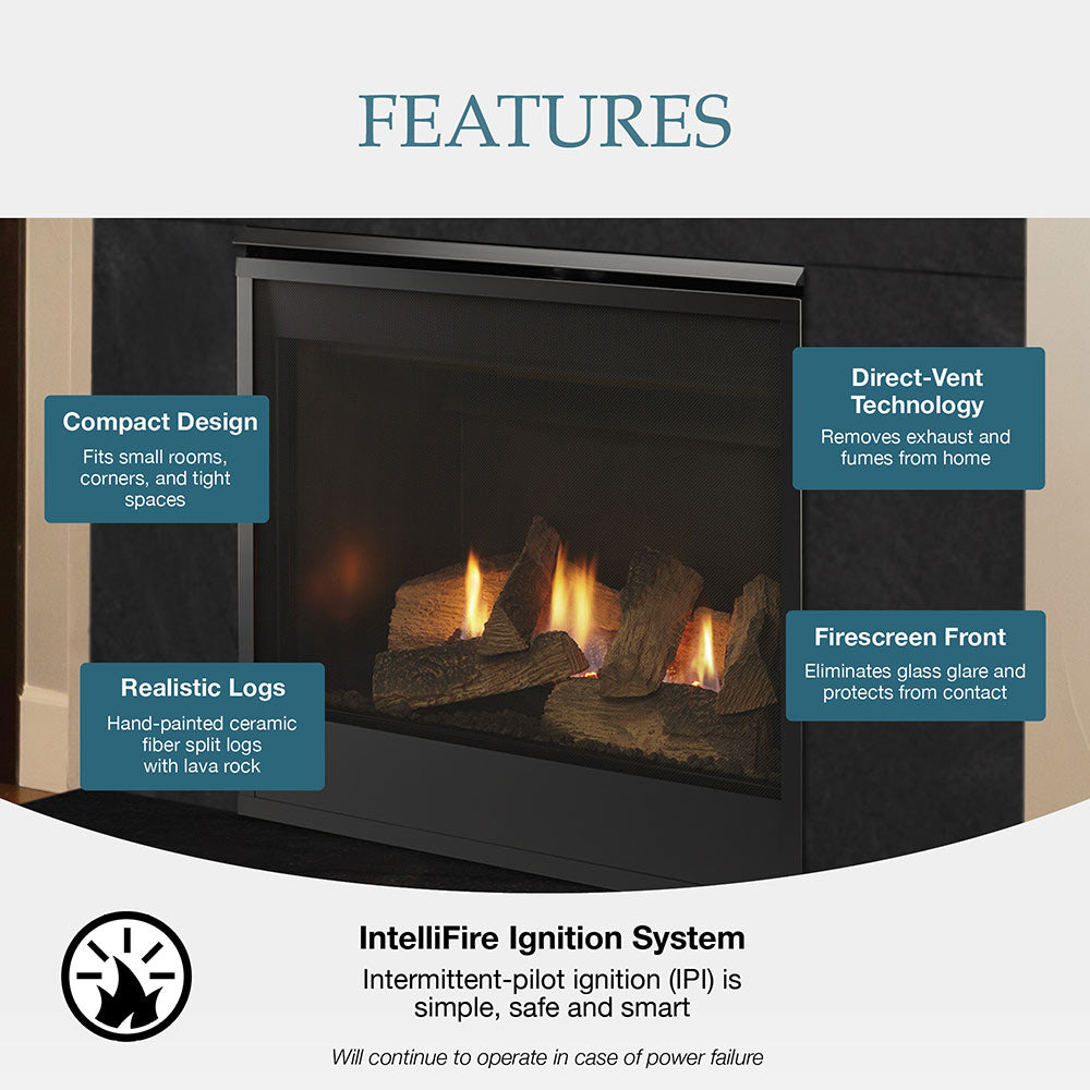 Black gas fireplace front with realistic log set and glowing flames behind glass