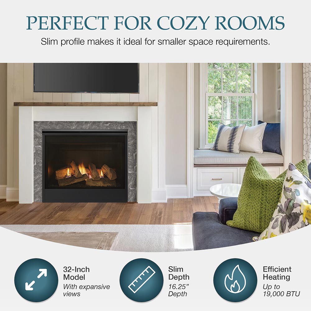 Gas fireplace with slim black frame and burning logs in a white surround