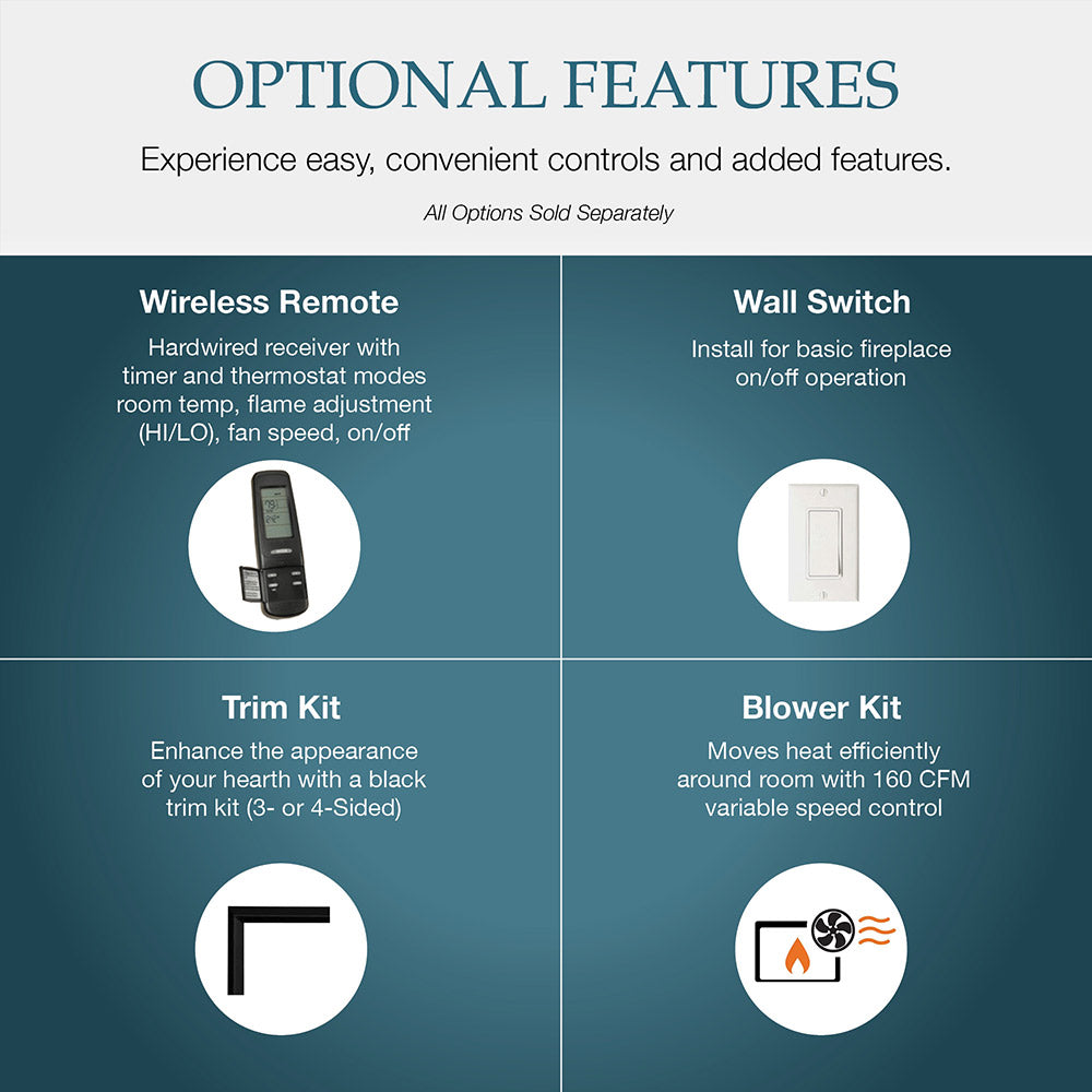 Optional features infographic for gas fireplace: remote, wall switch, trim, and blower