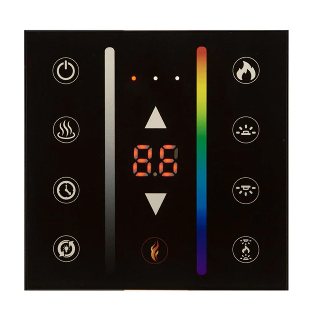 Black wireless thermostat control panel with LED display and colored temperature bar