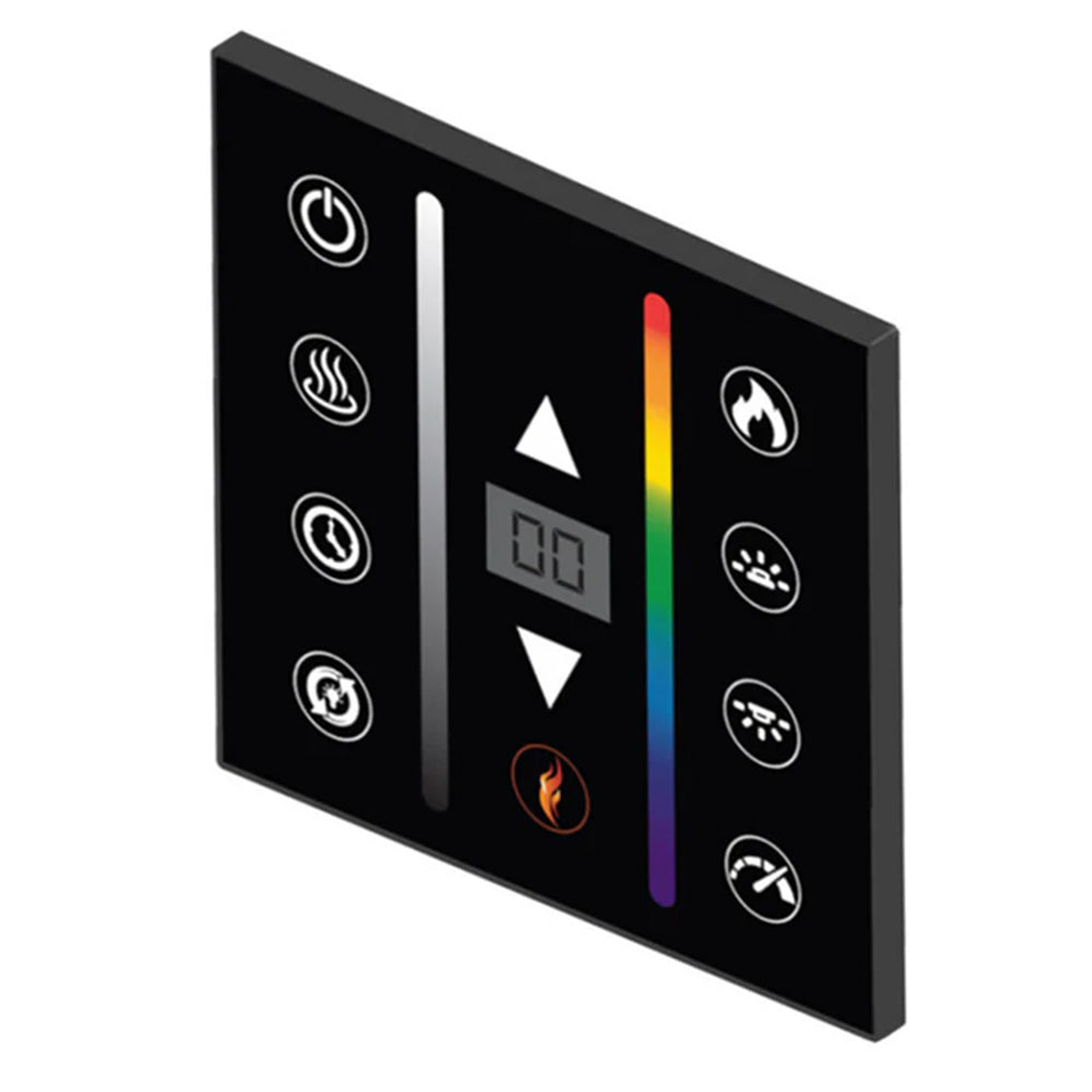 Black wall-mounted thermostat control panel with LED display, icons, and rainbow status bars