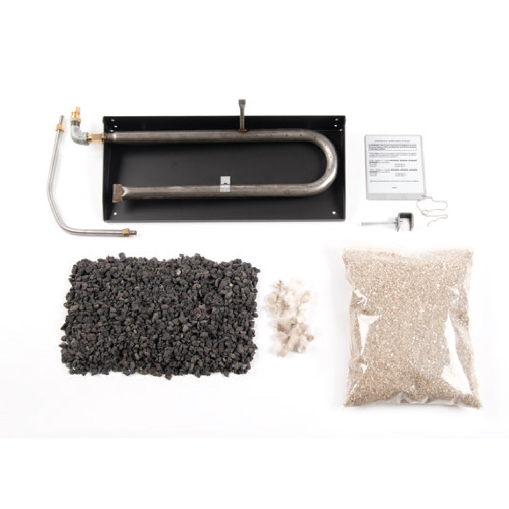 Outdoor vent-free gas log flame bed kit with dark lava rock and metal burner pan assembly