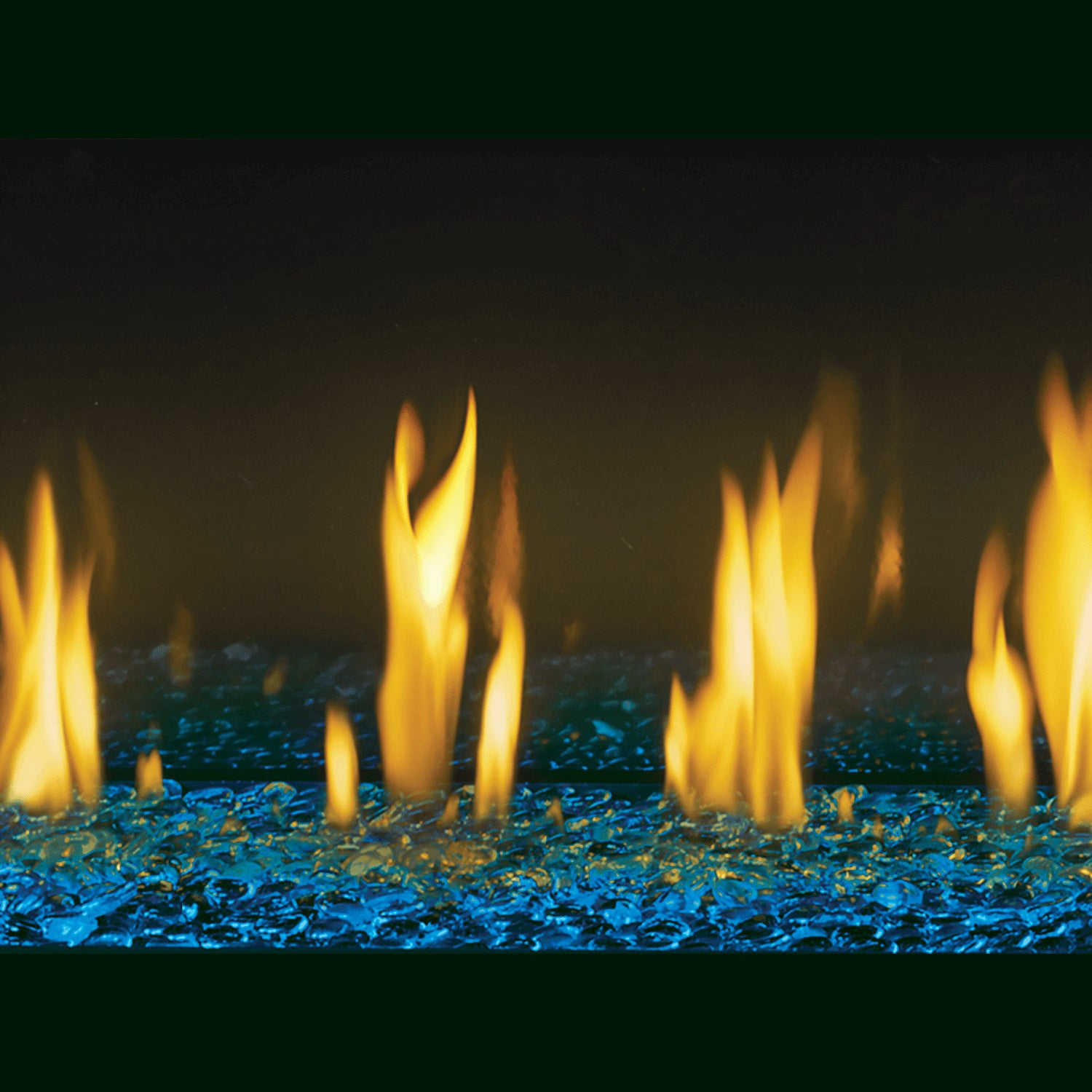 Blue glass beads with scattered glowing flames arrangement