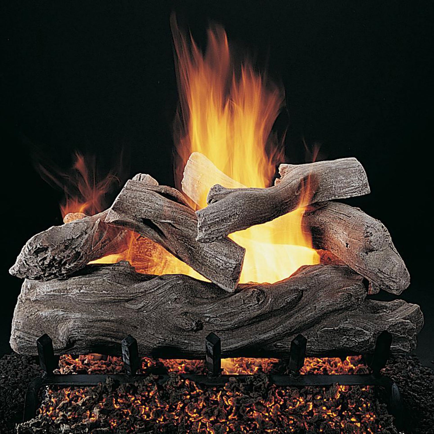 Manzanita double-sided gas logs with stacked wood pieces and visible flames