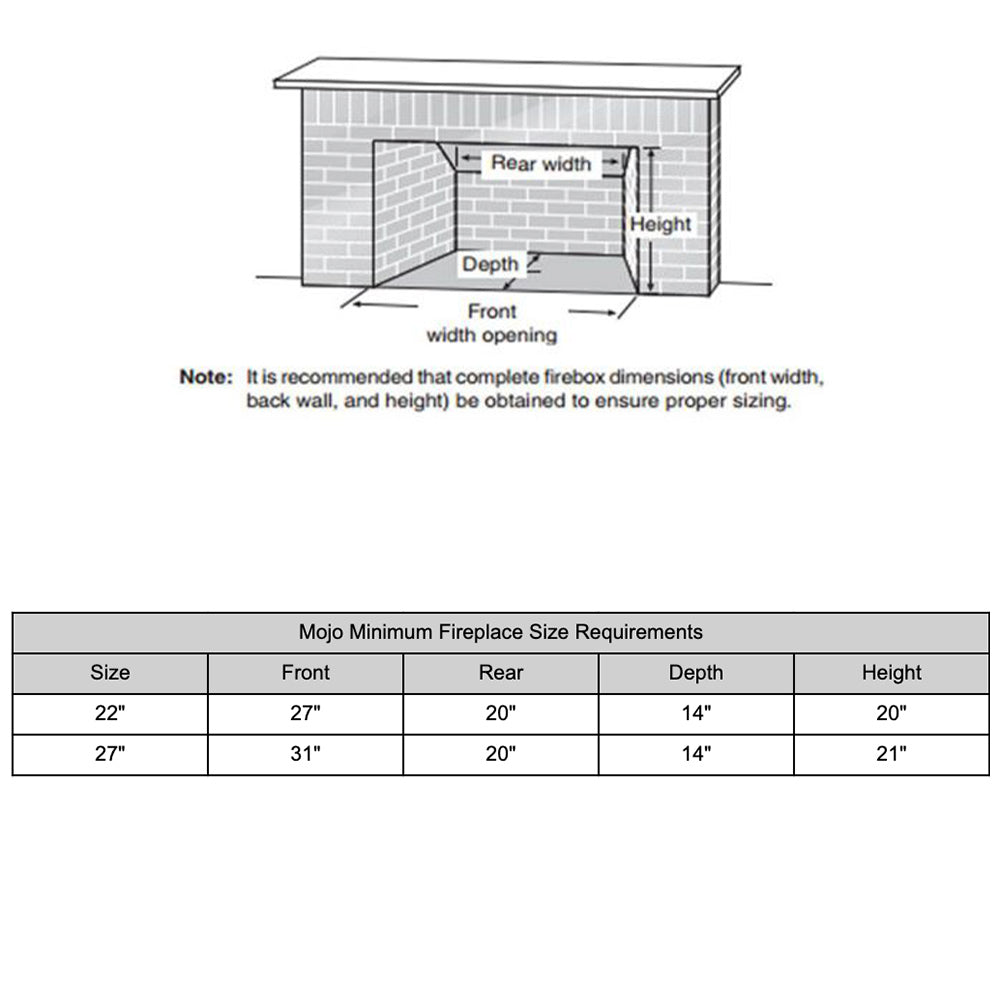 Minimum fireplace size requirements diagram with opening dimensions for vent-free set