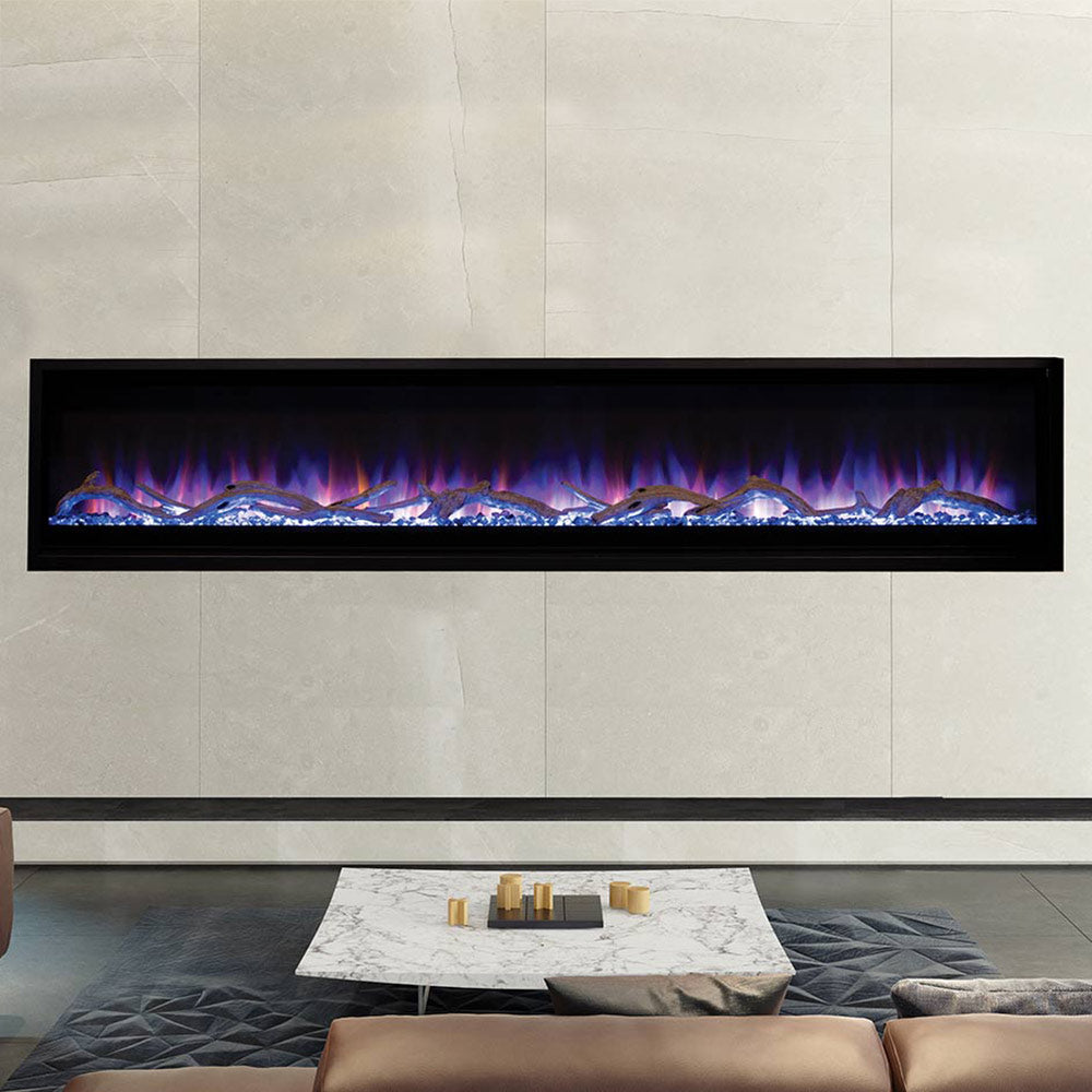 Superior MPE-D Built-In Linear Electric Fireplace with Driftwood Logs and Smoked Crystal Ember Bed