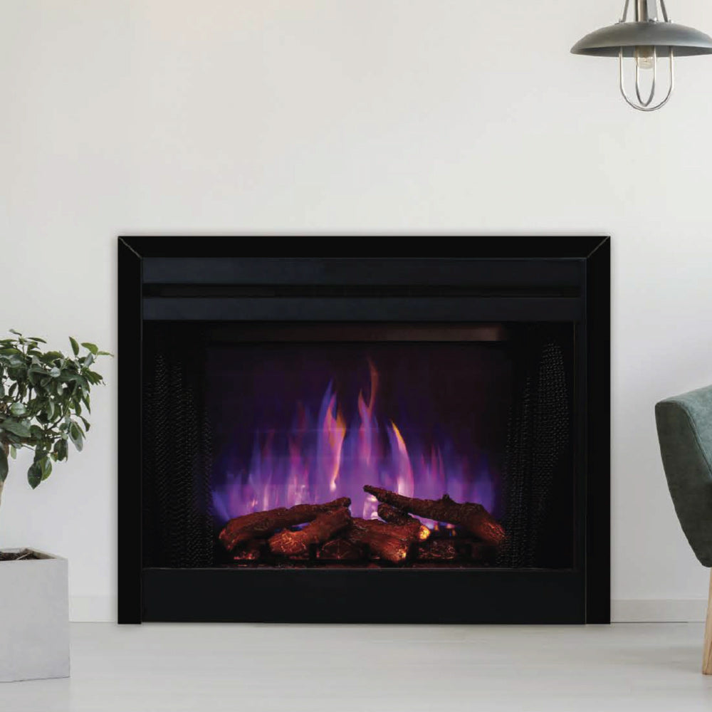 Built-in electric fireplace with glowing ember bed and split oak log flames, black frame
