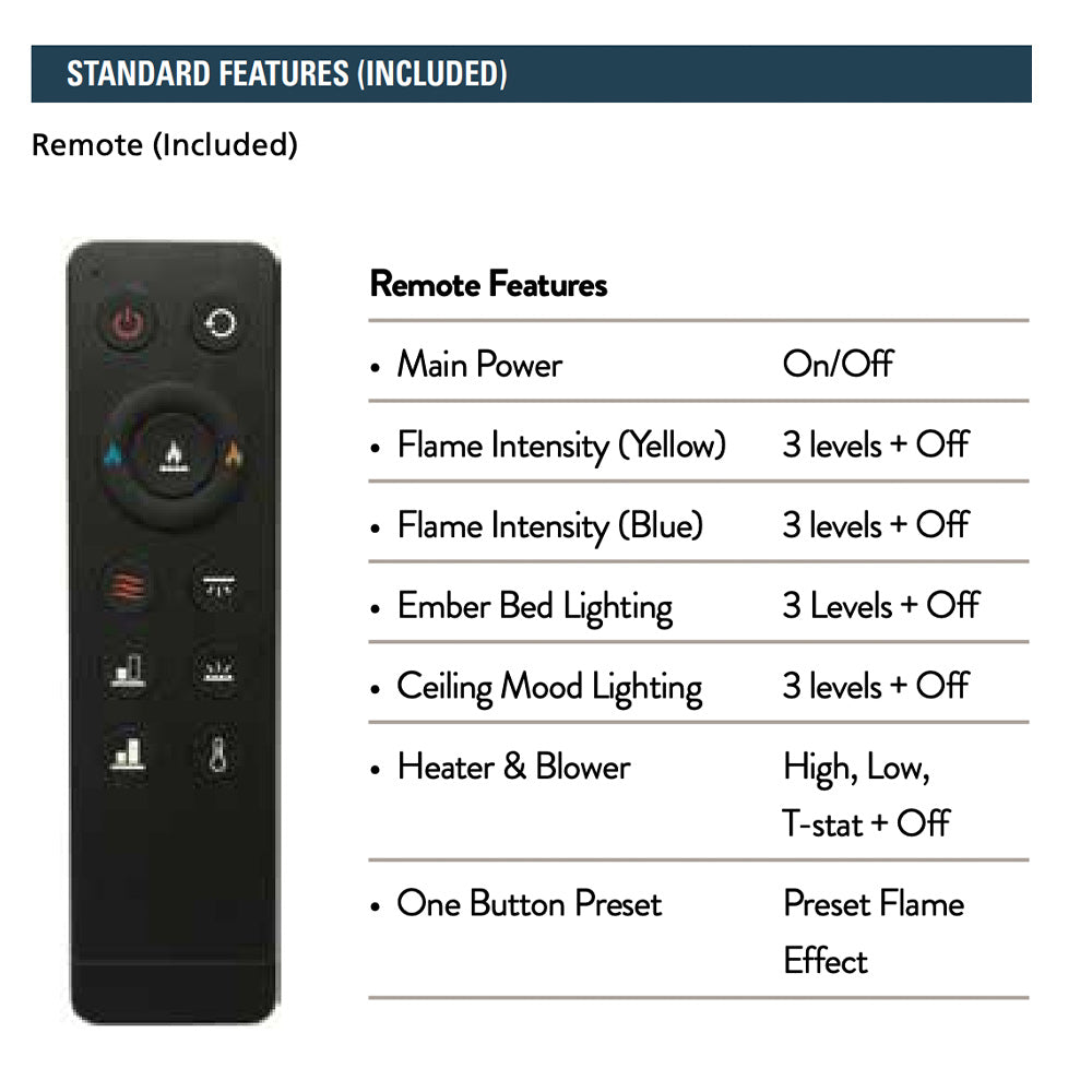 Black remote control with multiple buttons for electric fireplace flame and heat settings