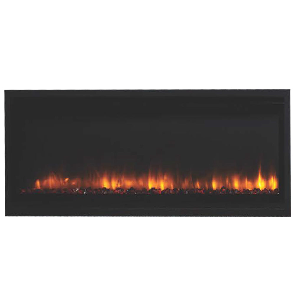 Linear electric fireplace with black frame and glowing amber ember bed