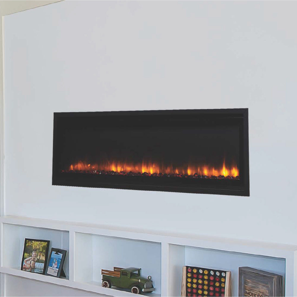 Built-in linear electric fireplace in black frame with bright flame effect