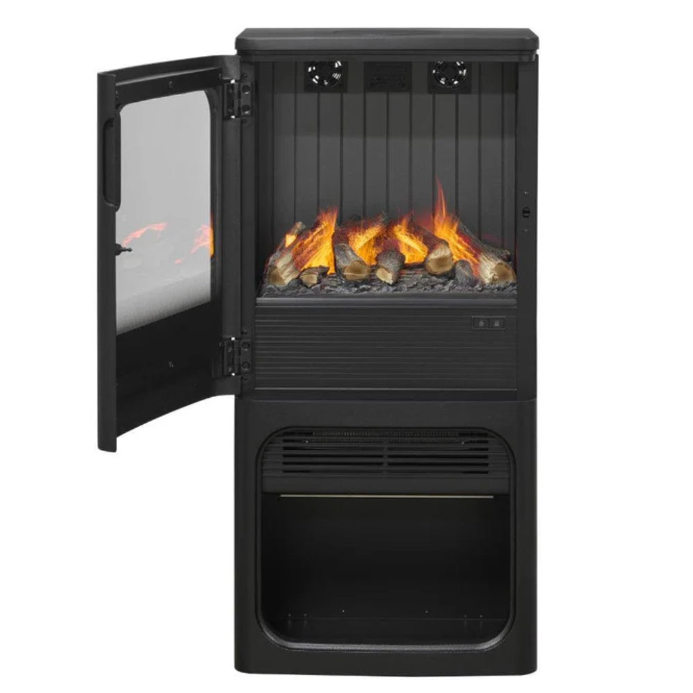 Black water vapor stove with side door open, flame effect visible through glass