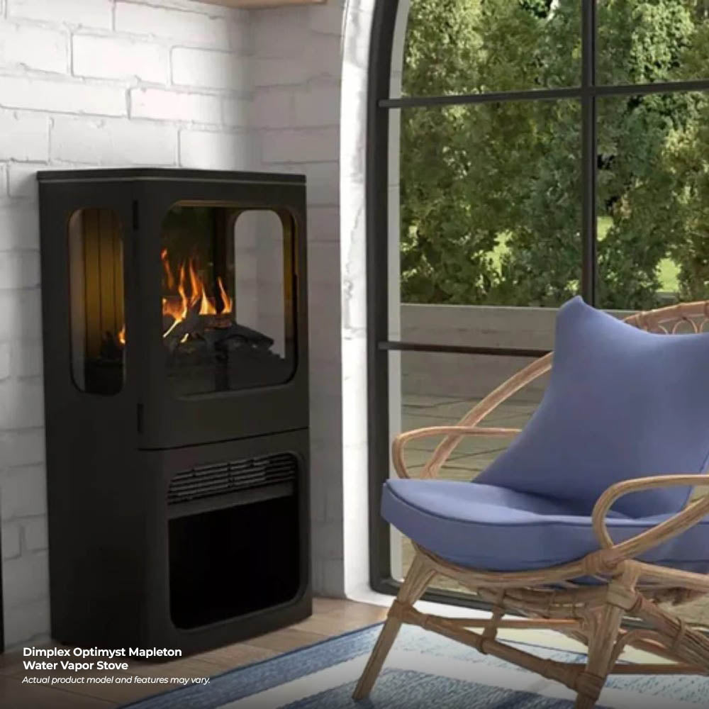 Black water vapor stove with flame effect behind glass panels in a room