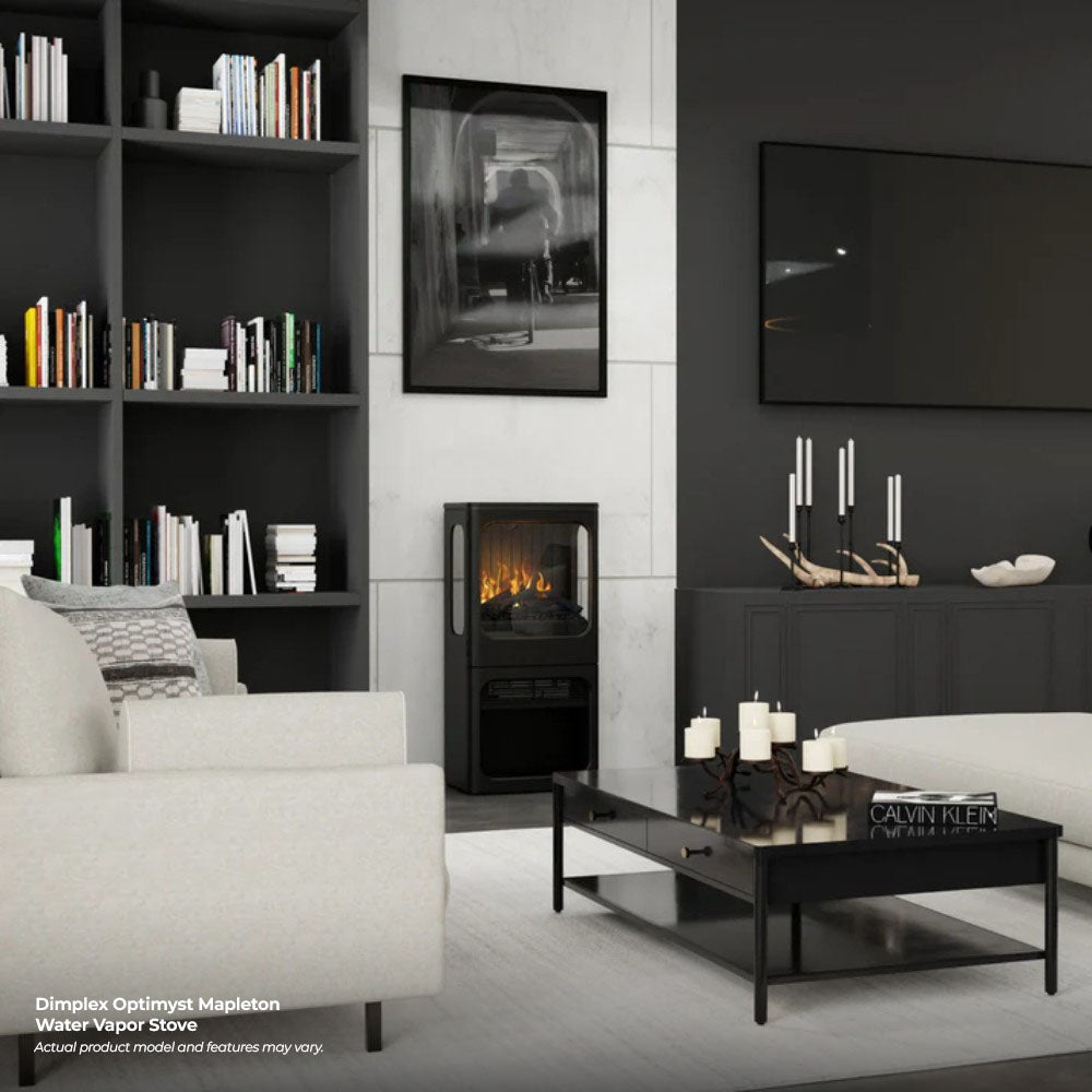 Compact black water vapor stove with flame effect visible through front glass window