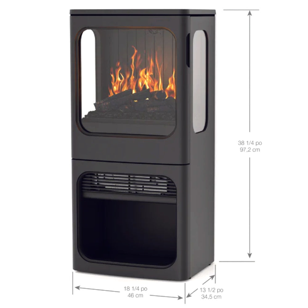 Black water vapor stove with flame effect; dimension diagram on right side