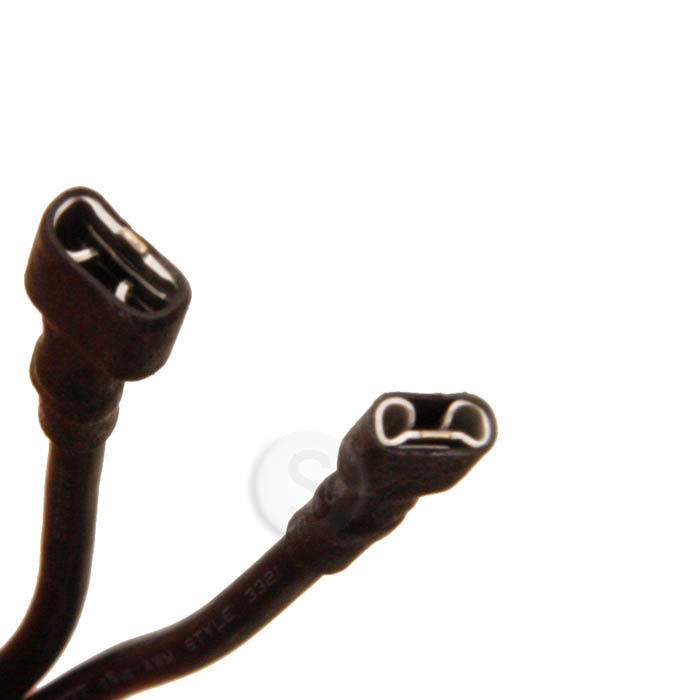 Two black molded connector ends on a cable