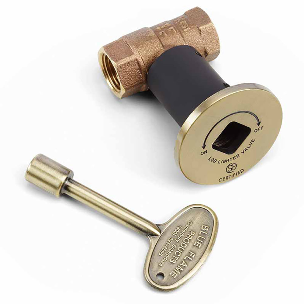Gas fire pit shut-off valve kit with brass connector and gold ON/OFF dial face