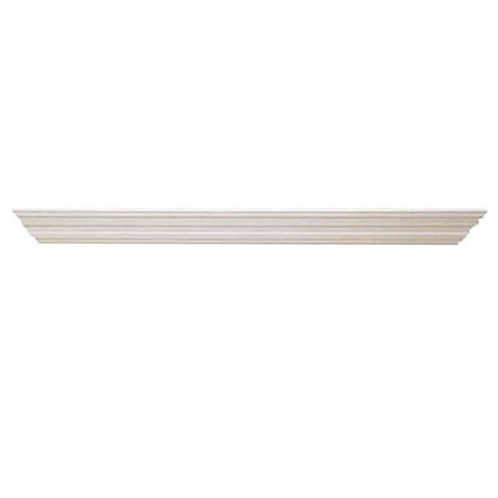 Wall-mounted fireplace mantel shelf with light profile, painted white, long straight ledge