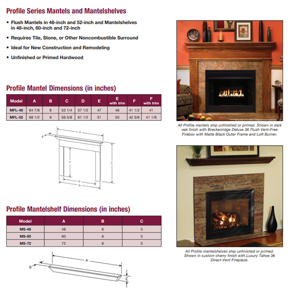 Profile fireplace mantel with fluted legs and wide shelf, primed or unfinished