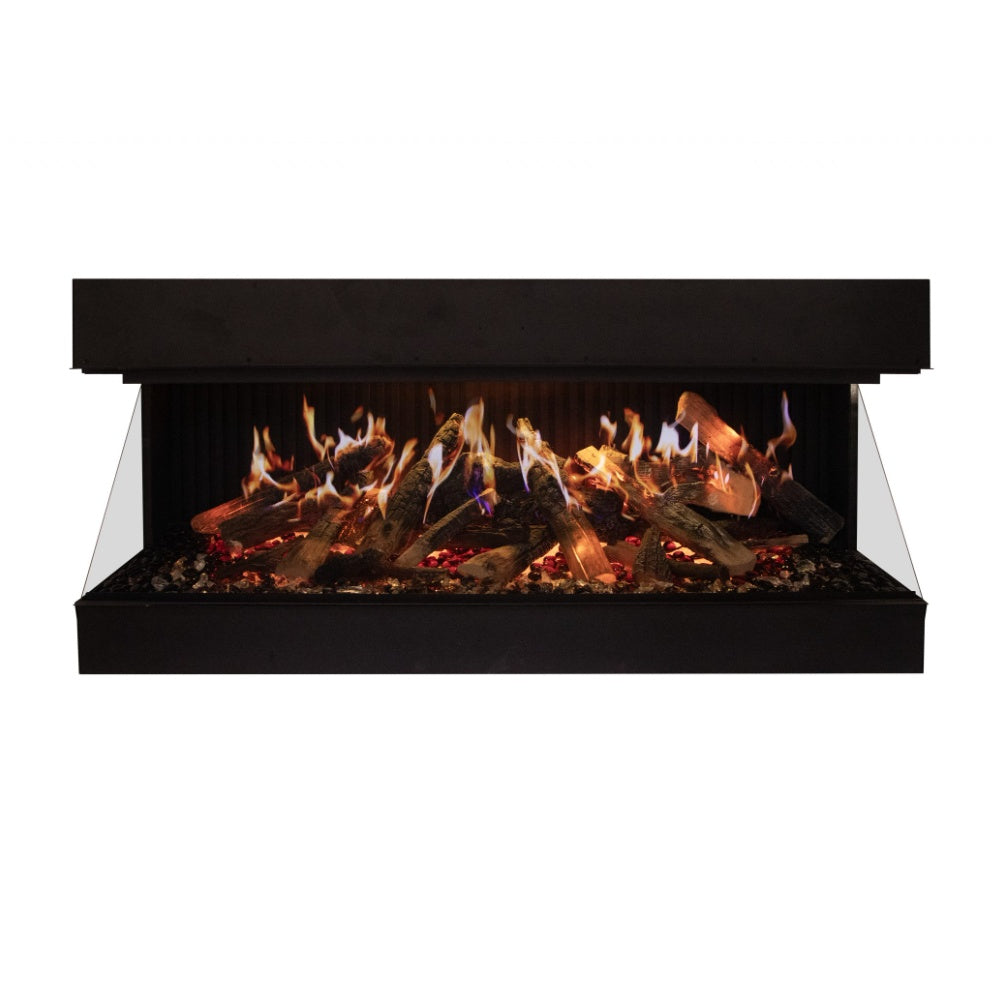 Black electric fireplace with open top and visible flame effect over dark logs.