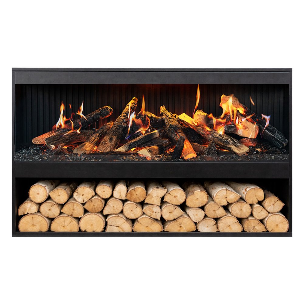 Black electric multiview fireplace with glowing flames and stacked firewood logs