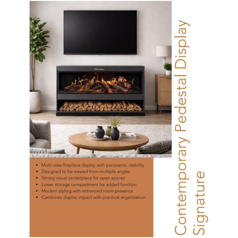Black pedestal electric fireplace with glowing flames and wood log storage below