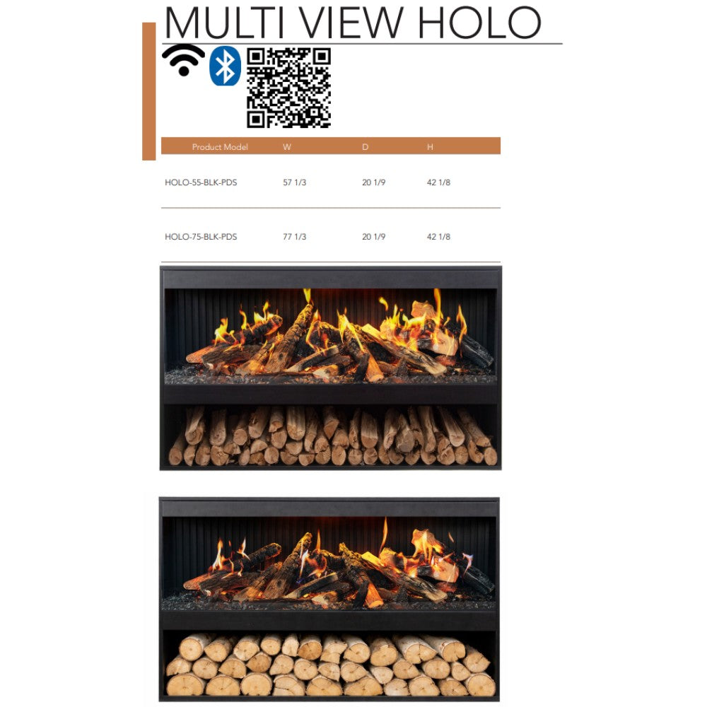 Multiview holo electric fireplace card showing two flame views and log bed